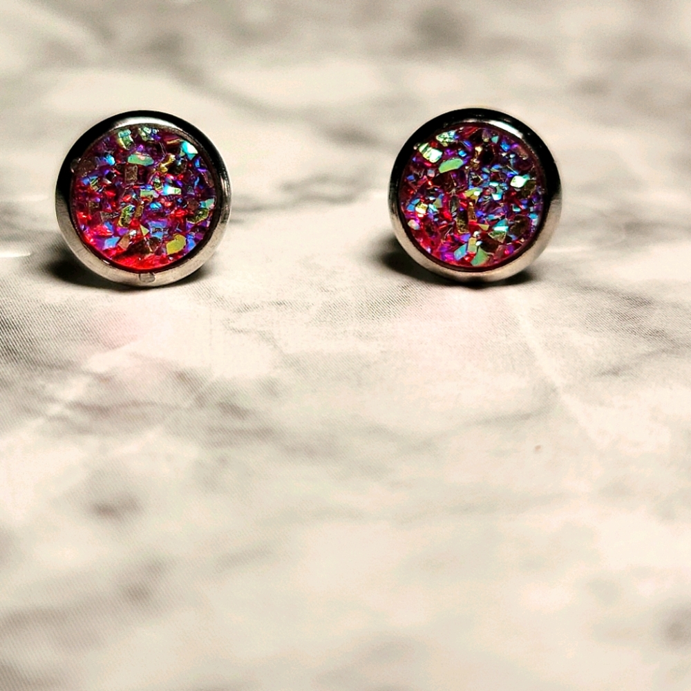 Red Druzy Stud Earrings